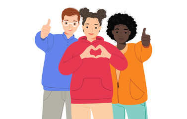 Group portrait of smiling teenage boy and girls. School friends standing together, embracing each other.  International human solidarity day. Happy students isolated on white background. Vector 