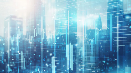 cityscape with modern skyscrapers and overlaid financial graphs, symbolizing the bustling economy and the stock market.