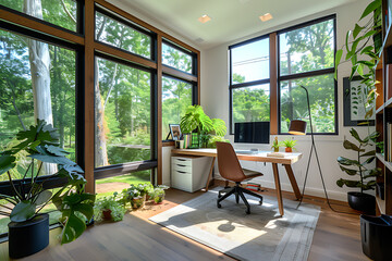 Fototapeta premium A modern and cozy home office space bathed in natural sunlight with an abundance of indoor plants