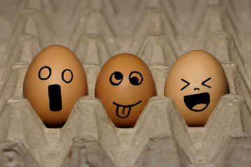 three eggs drawn with character faces on an egg carpet with a black background like three idiots