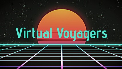 Obraz premium Promoting a retro-futuristic event, the neon grid and sunset evoke a nostalgic 80s synthwave vibe