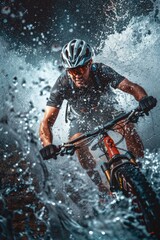 Man on bike navigating through water wave, suitable for adventure concepts