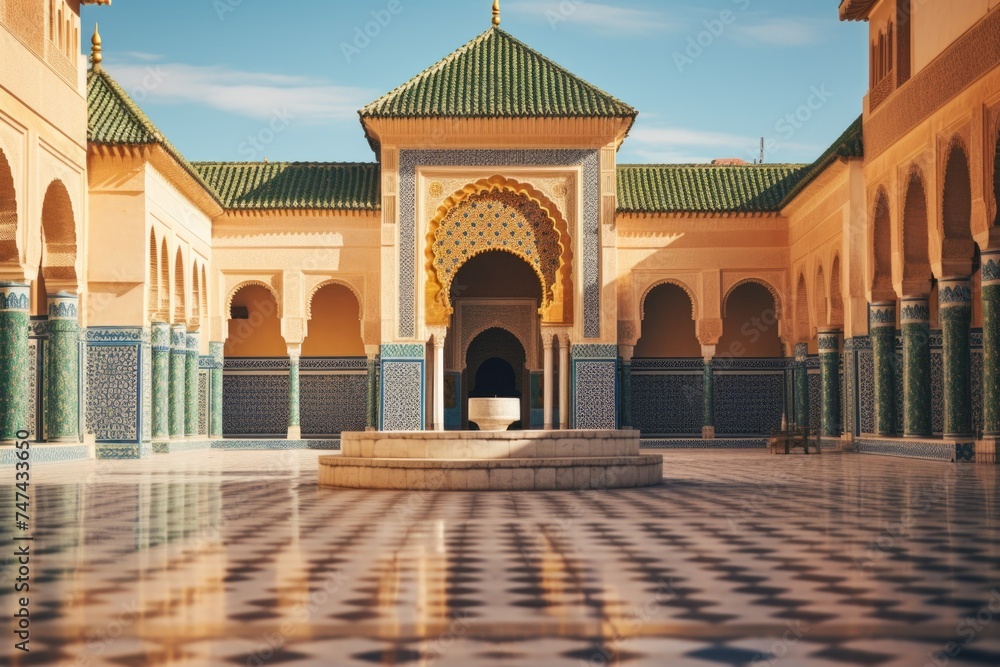 Poster a building with a fountain in the middle, suitable for architectural projects
