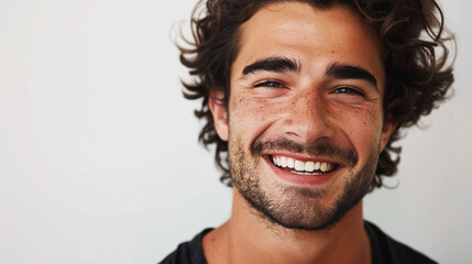 Obraz premium Close up portrait of a smiling young man looking at camera over white background