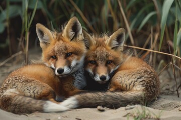 Two foxes relaxing on sandy ground, suitable for nature and wildlife concepts
