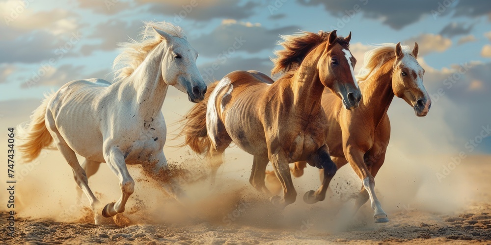 Poster a group of horses running across a sandy field. suitable for equestrian events promotion