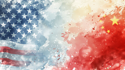 Watercolor painting of American flag and Chinese flag mixed together . Confliction concept . - obrazy, fototapety, plakaty
