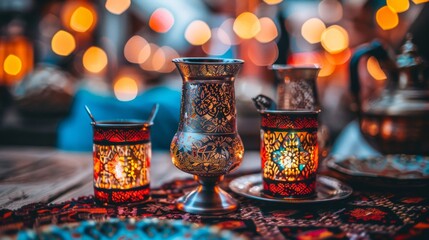 Scene of decorated glasses for tea, in an Arab restaurant at night, warm and striking colors