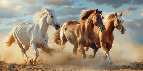 Obraz premium A group of horses running across a sandy field. Suitable for equestrian events promotion