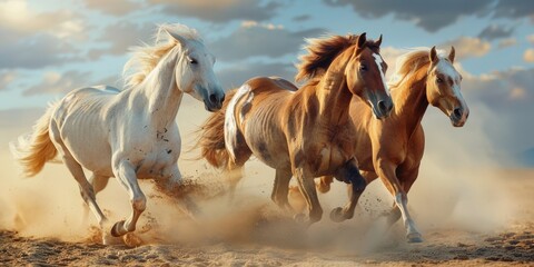 A group of horses running across a sandy field. Suitable for equestrian events promotion