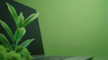 Laptop screen on green background and plant on one side, space on the right to write, space copy