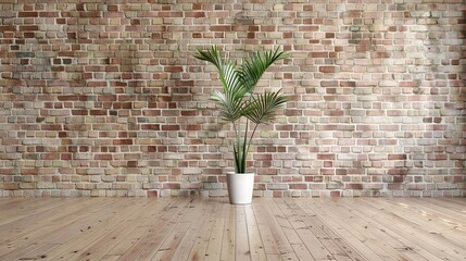 Empty room mokup, brick wall and wooden parquet floor, natural plant in the center - obrazy, fototapety, plakaty