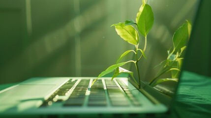 Plant growing or germinating in a notebook, green technology concept