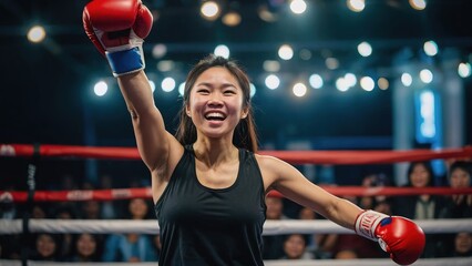 Boxing asian woman very happy and excited doing winner gesture with arms raised