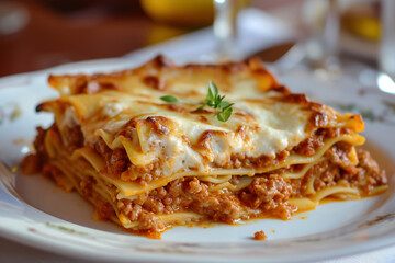 A plate of lasagne alla bolognese, a classic Emilian dish made with layers of pasta, bolognese (a meat-based sauce)