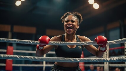 Boxing black woman very happy and excited doing winner gesture with arms raised