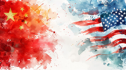 Watercolor painting of American flag and Chinese flag mixed together . Confliction concept . - obrazy, fototapety, plakaty