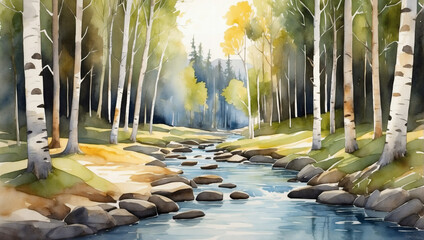Tranquil watercolor birch tree forest with dappled sunlight and a babbling brook - obrazy, fototapety, plakaty