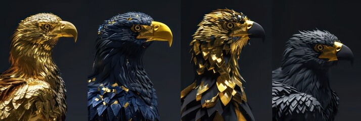 heads of a eagle, dark blue and gold, sharp focus, faceted shapes, oil portraiture