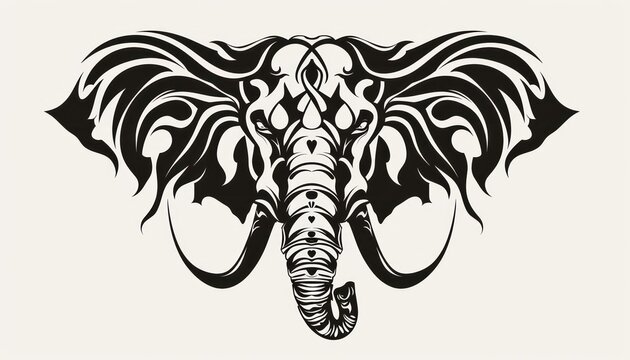 elephant mane or tattoo, in the style of flowing silhouettes, exaggerated facial features, depictions of animals, stenciled iconography