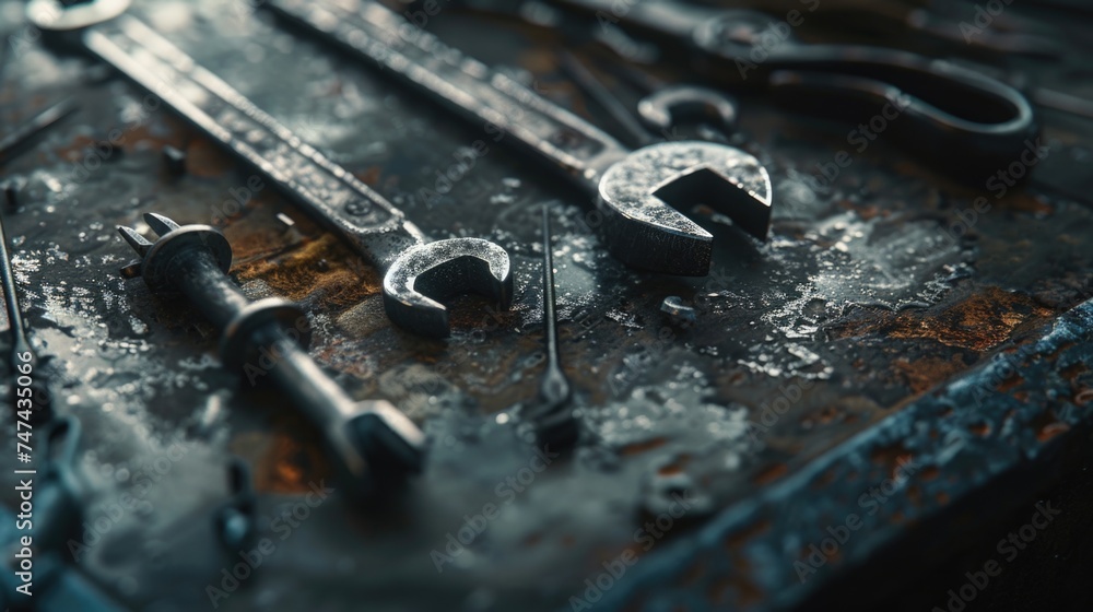Poster Various tools neatly arranged on a table, suitable for construction or DIY projects