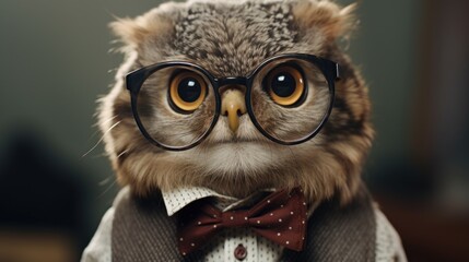 An owl wearing glasses and a bow tie, suitable for educational and quirky designs
