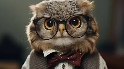 Foto op Canvas An owl wearing glasses and a bow tie, suitable for educational and quirky designs © Fotograf