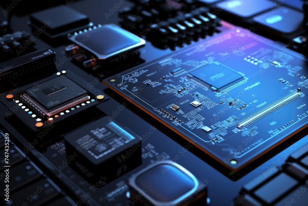 Poster detailed view of a computer motherboard, suitable for technology concepts