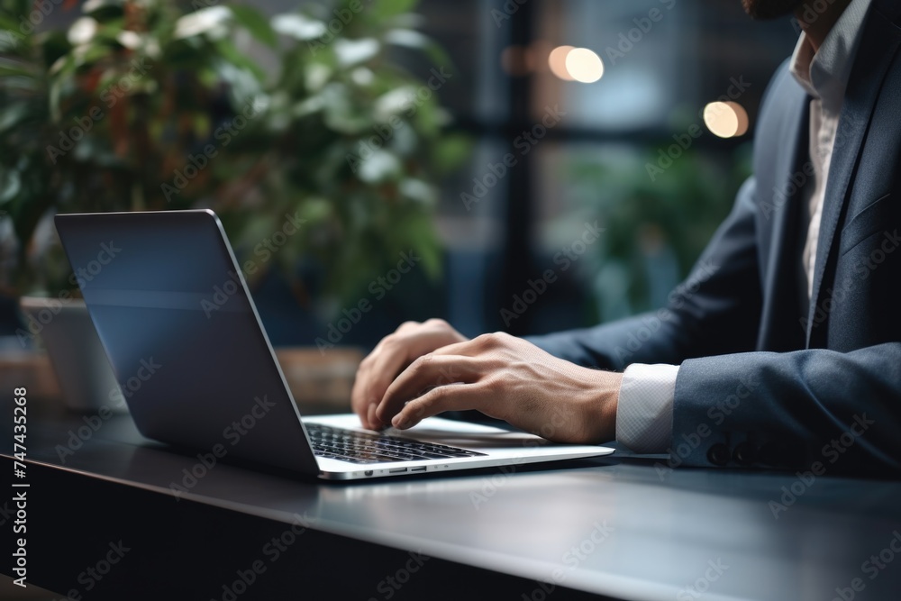 Poster a man in a suit typing on a laptop. suitable for business and technology concepts