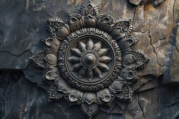 A detailed black stone mandala sculpture is carved into a rock wall, showcasing intricate craftsmanship and artistry.

