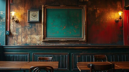 A blank picture frame hanging on the old textured wooden wall in a cosy old english or irish pub - obrazy, fototapety, plakaty