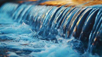 Macro shot of sunlit water cascading with vibrant blue and orange hues, capturing the dynamic movement of life-giving water.