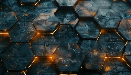 large hexagon pattern with light, blue, orange and black pixels, in the style of ethereal and otherworldly atmosphere