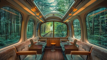 a view from inside a train carriage looking out the window. View of nature from the train compartment. looks out the train window - obrazy, fototapety, plakaty