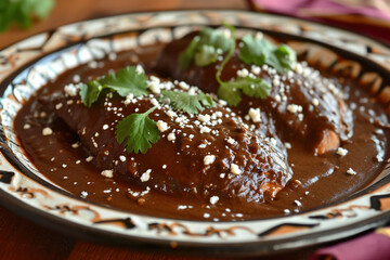 A plate of mole poblano, a traditional Mexican sauce made with chili peppers, chocolate, and spices, served over chicken or turkey