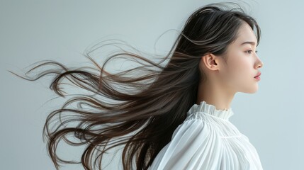 Closeup photo portrait of a beautiful young asian female model woman shaking her beautiful hair in motion. use for Product advertising - obrazy, fototapety, plakaty