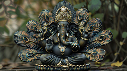 Fototapeta premium Ganesha sitting on a dark black and maroon
