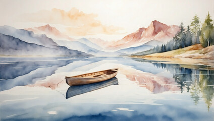 Tranquil watercolor lake scene with a rowboat and reflections of the mountains