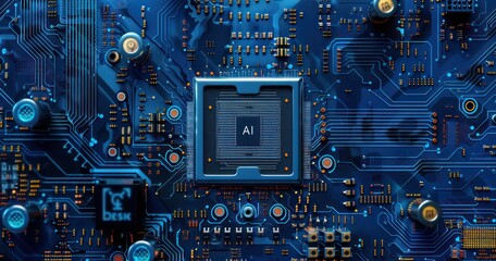 ai mobile chip application design, technology design, in the style of intel core, mechanized abstraction, blue and amber