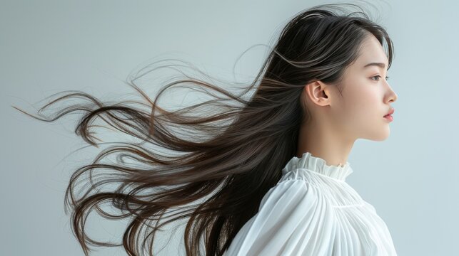 Closeup photo portrait of a beautiful young asian female model woman shaking her beautiful hair in motion. use for Product advertising