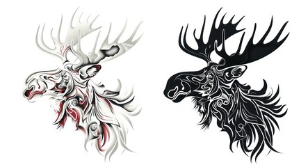 moose head collection vector, in the style of dark white and light black