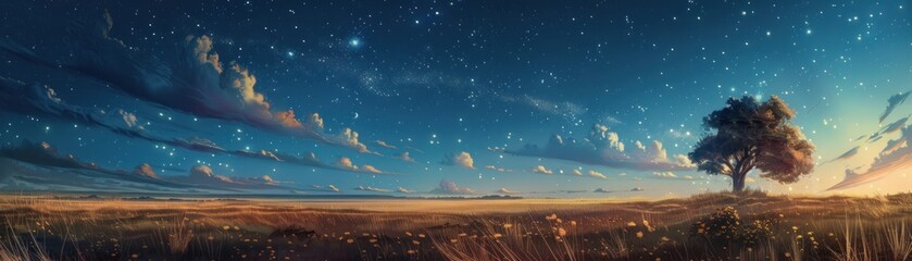 A vast open plain under a starry sky where the simplicity of nature meets the tenacity of life a scene of quiet renewal - obrazy, fototapety, plakaty