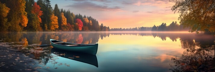 A peaceful sunset scene on a calm lake with reflections and a rowing boat - obrazy, fototapety, plakaty
