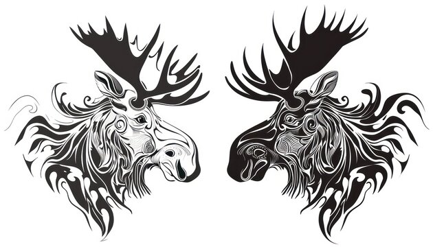 moose head collection vector, in the style of dark white and light black
