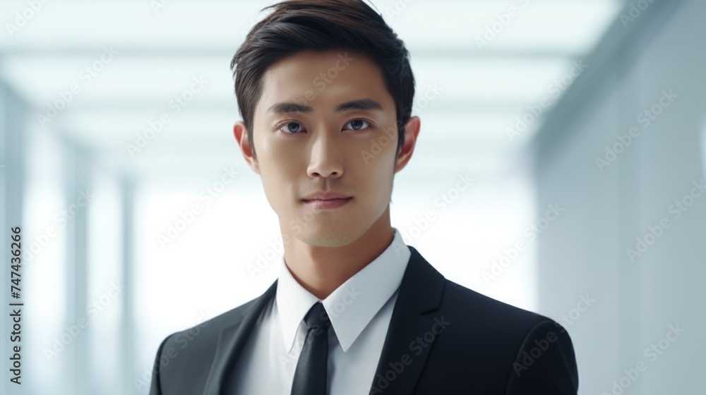 Poster a man in a suit and tie looking at the camera. suitable for business concepts