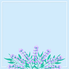 Frame with lavender, lilac flowers and leaves. Elegant invitation, greeting card with place for text, on a blue background. Vector spring, summer, plant illustration. Template, banner, poster, cover.