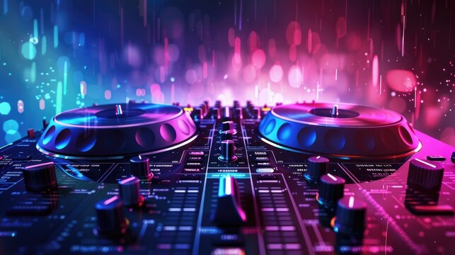Professional DJ deck with turntables and colorful lights. Ideal for music events and nightlife concepts