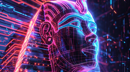 Quantum computing reimagined as a mystical force, with neon circuits intertwining around an ancient Sphinx, merging past and future - obrazy, fototapety, plakaty