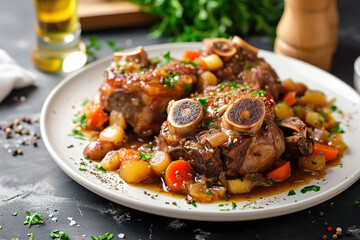 A plate of ossobuco alla milanese, a classic Milanese dish made with veal shanks braised with vegetables, white wine, and broth. - obrazy, fototapety, plakaty