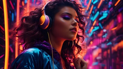 Junge Frau hört Musik mit einem Kopfhörer vor buntem Hintergrund